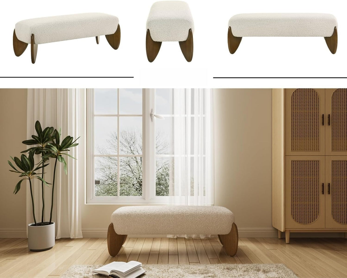 Beige Boucle Padded Entryway Bench