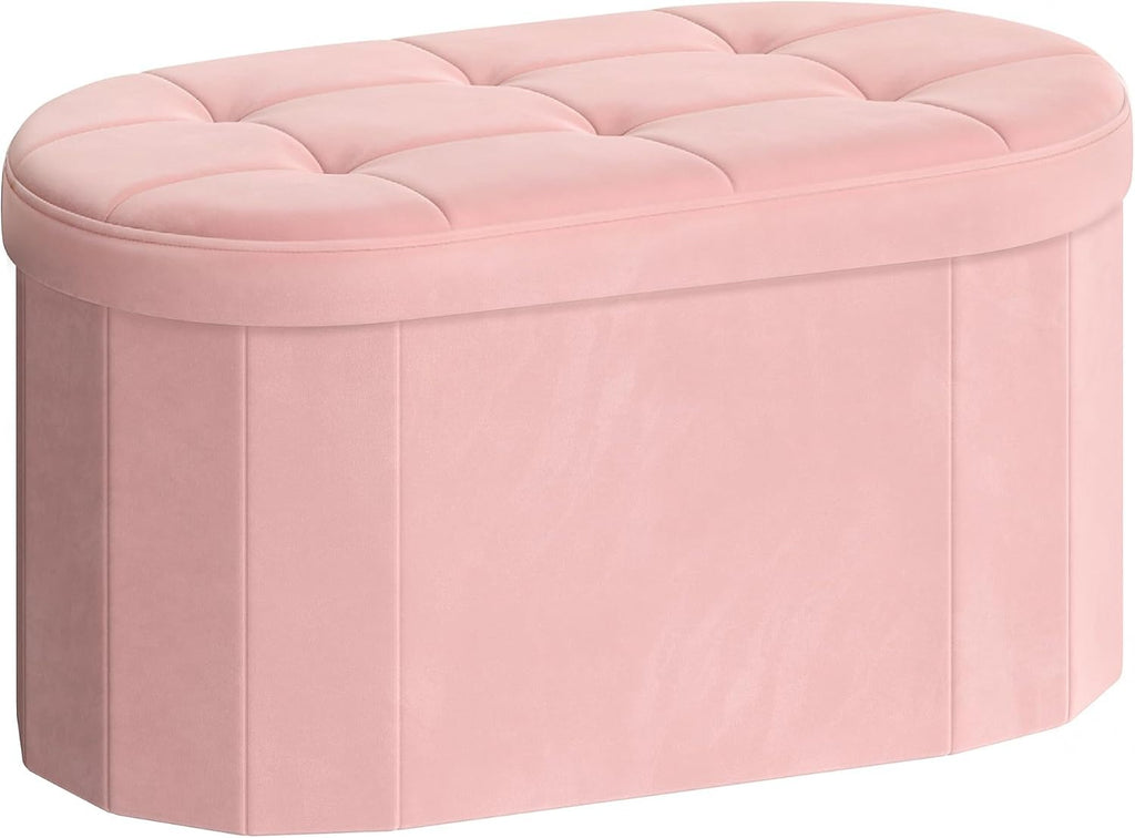 Jelly‑Pink Oval Velvet Storage Ottoman Bench