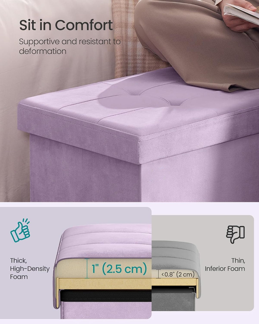 Purple Velvet Folding Storage Ottoman Bench