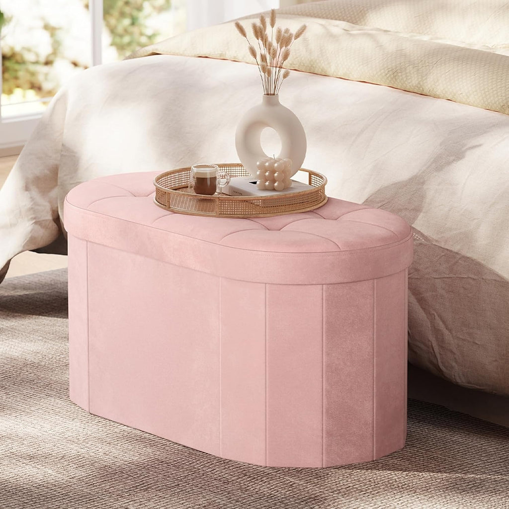 Jelly‑Pink Oval Velvet Storage Ottoman Bench