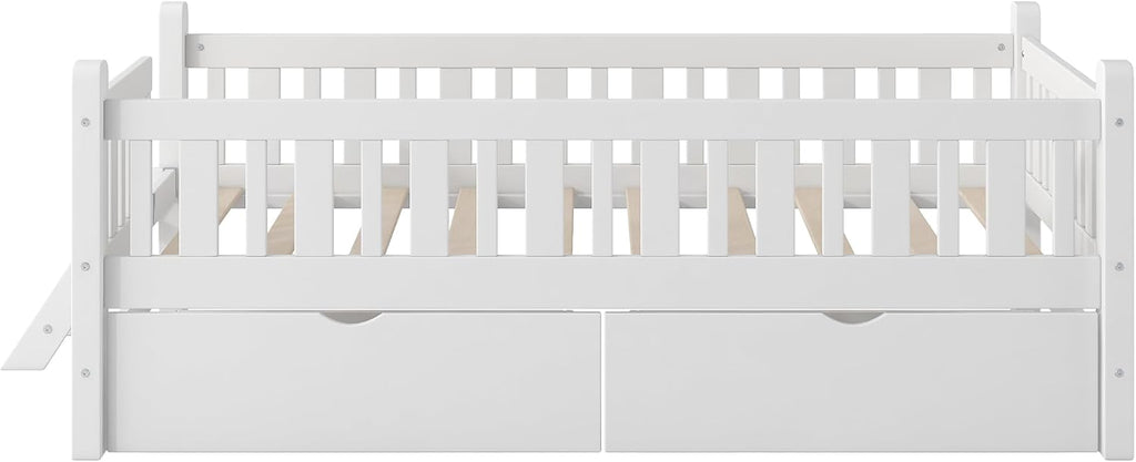 White Kids Platform Bed Drawer Stairs