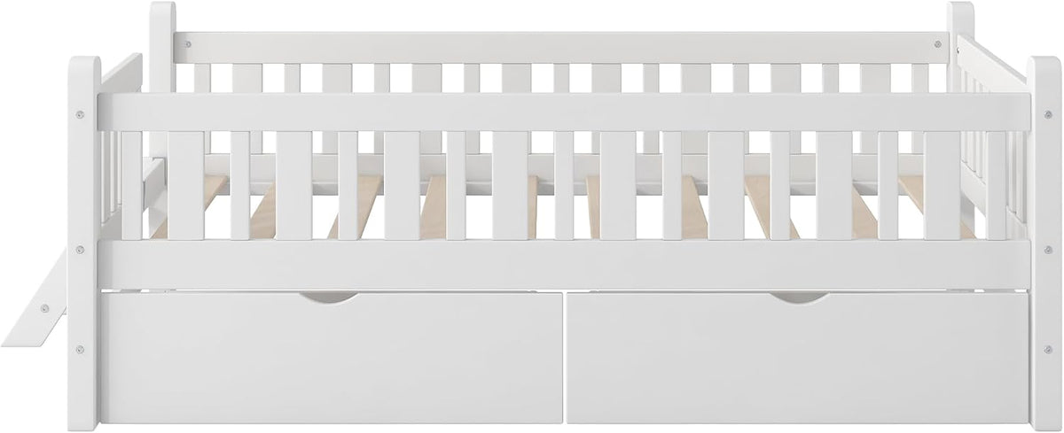 White Kids Platform Bed Drawer Stairs