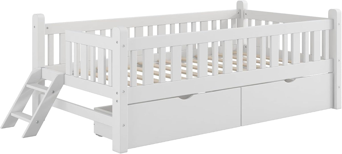 White Kids Platform Bed Drawer Stairs