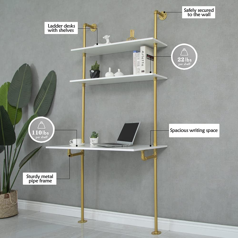 White‑Gold Wall‑Mount Ladder Pipe Desk