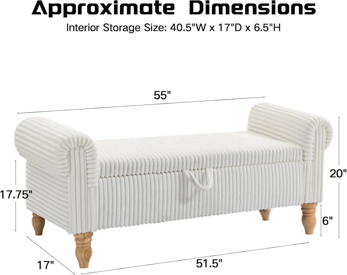 White Corduroy Rolled‑Arm Storage Ottoman Bench