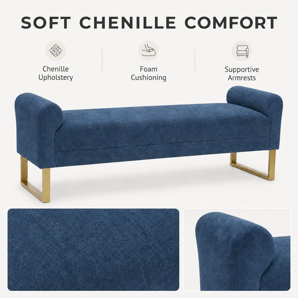 Blue Chenille Armrest Upholstered Entry Bench
