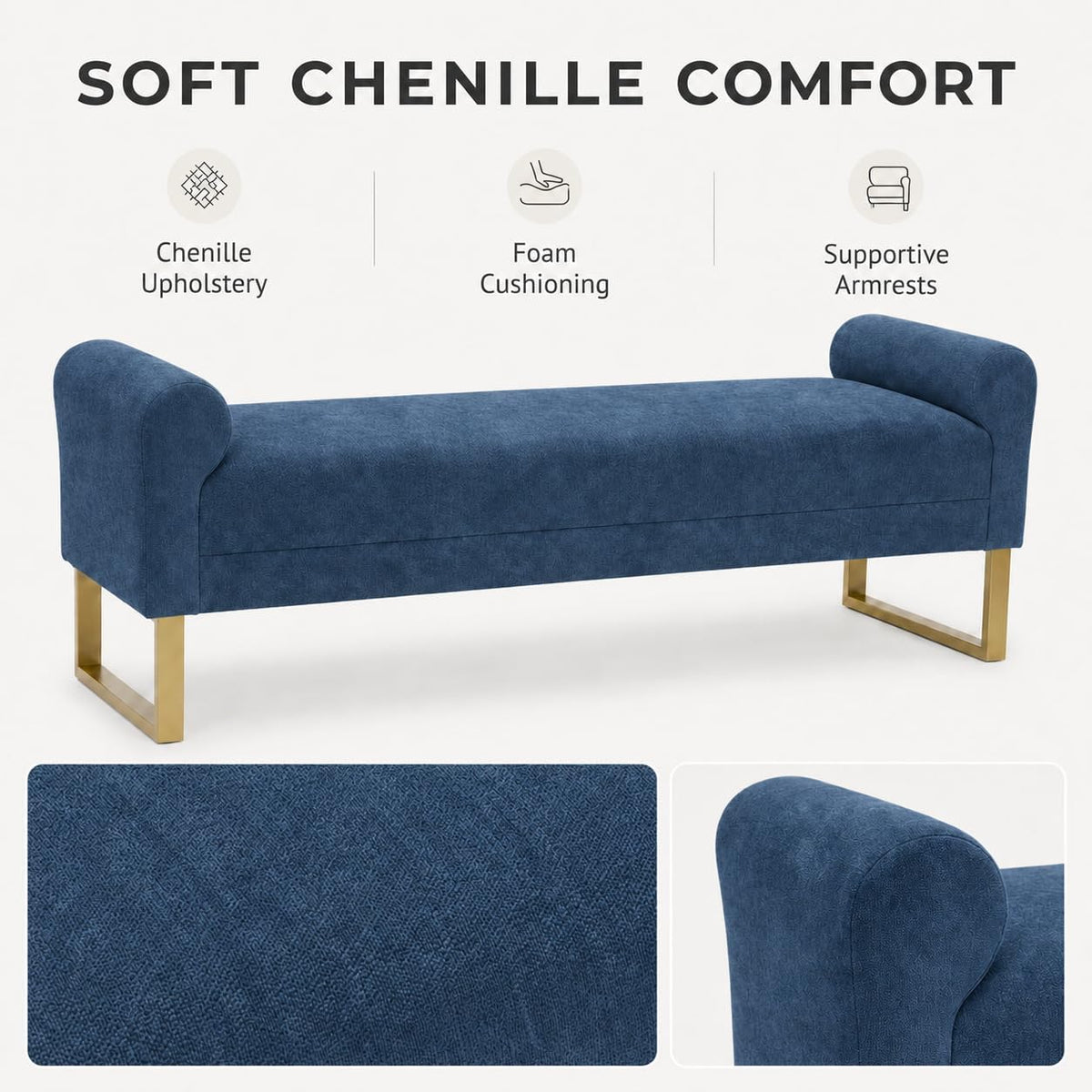 Blue Chenille Armrest Upholstered Entry Bench