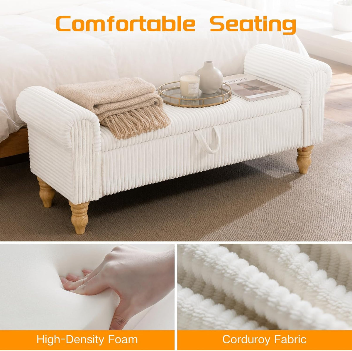 White Corduroy Rolled‑Arm Storage Ottoman Bench