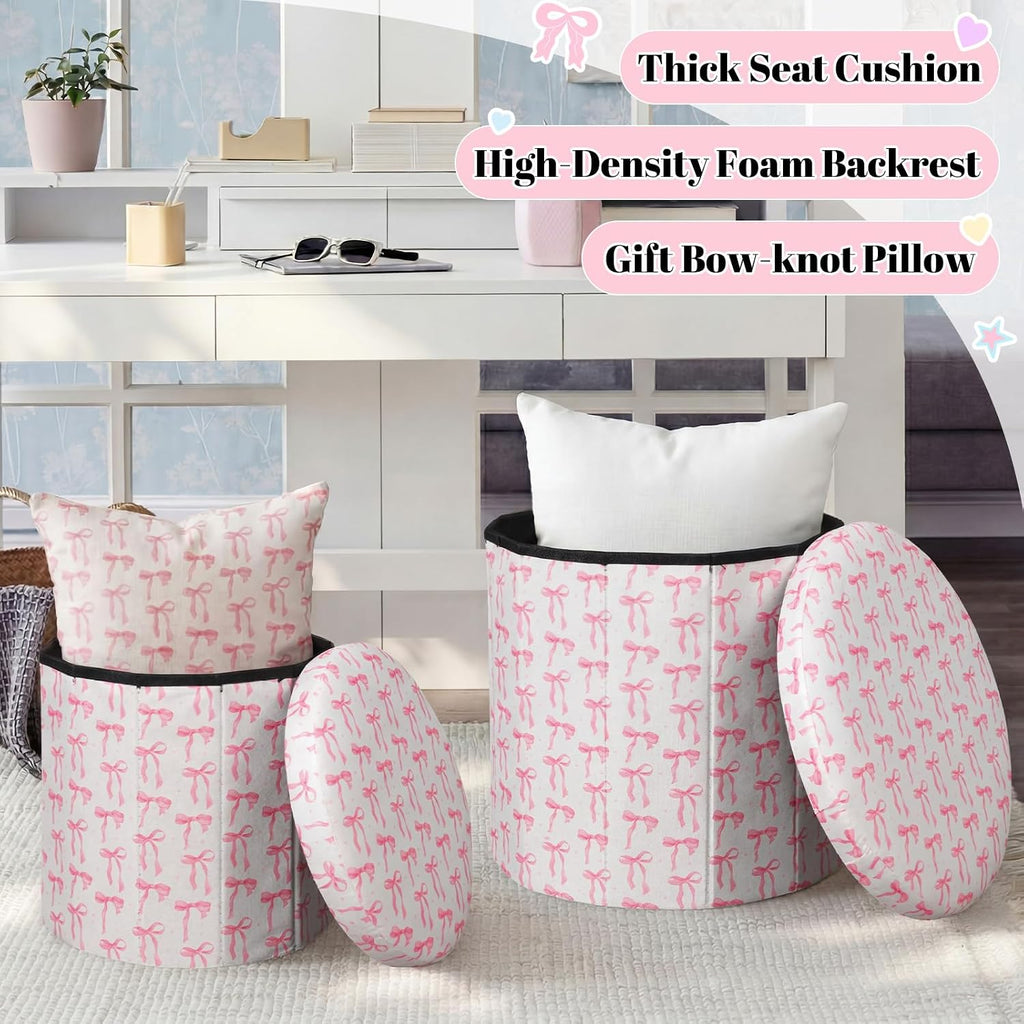 Pink Bow Dorm Storage Ottoman Set
