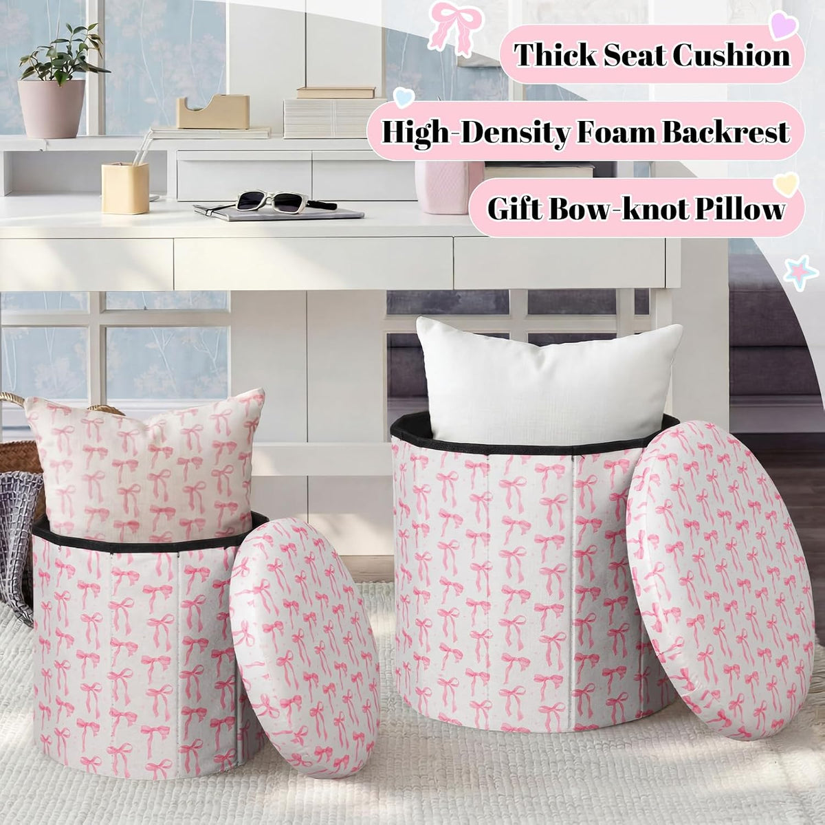 Pink Bow Dorm Storage Ottoman Set