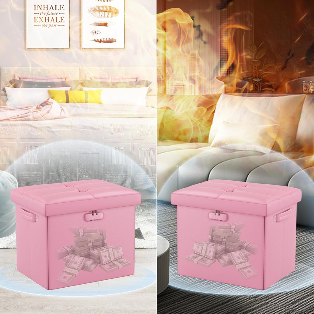 Pink Fireproof Leather Locked Storage Ottoman