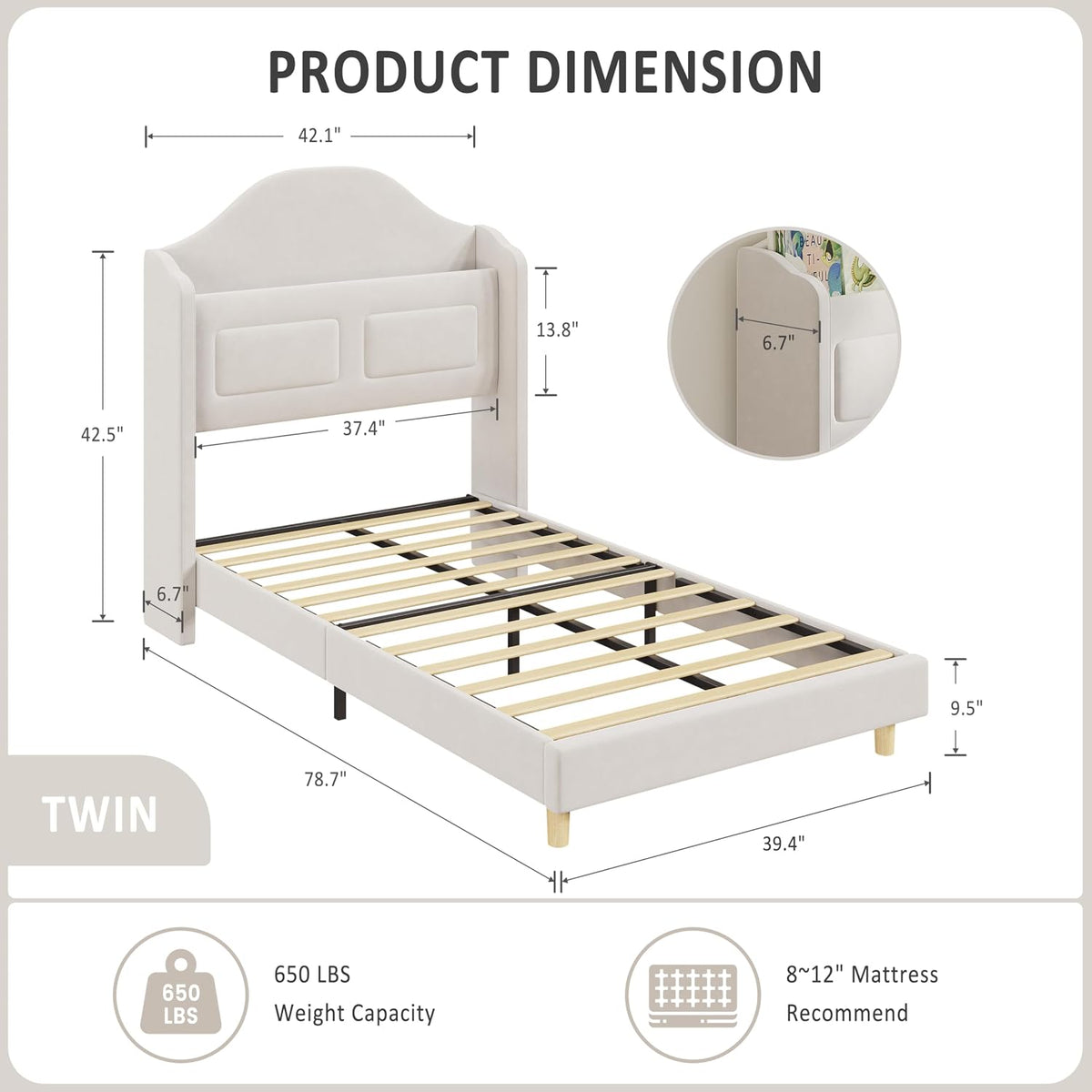 Beige Velvet Kids LED Bed Frame