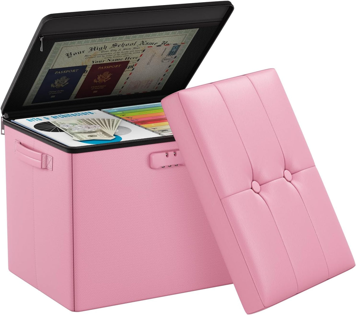 Pink Fireproof Leather Locked Storage Ottoman