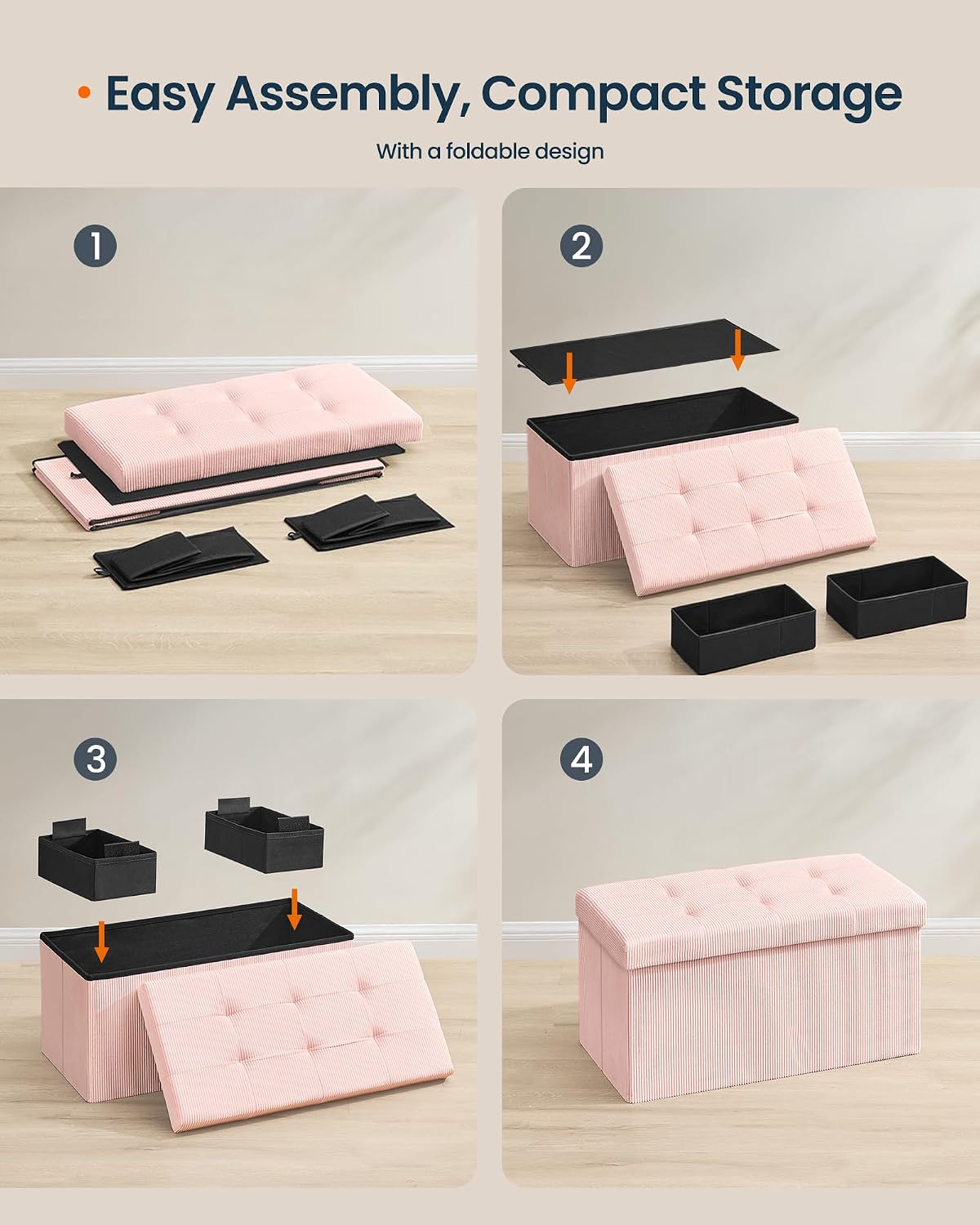 Light‑Pink Corduroy Storage Ottoman Bench