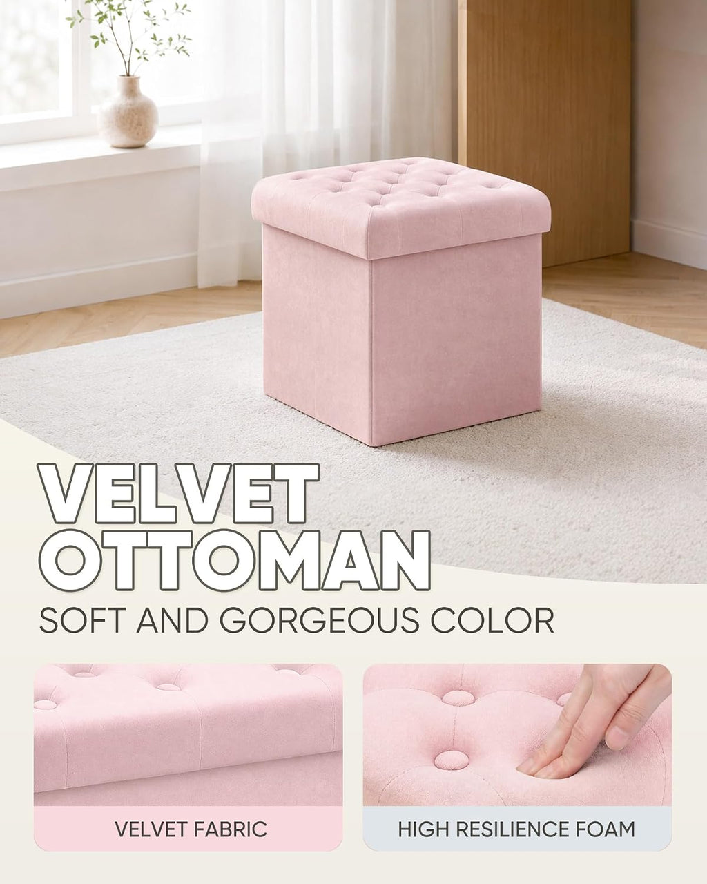 Pink Velvet Tufted Folding Storage Ottoman