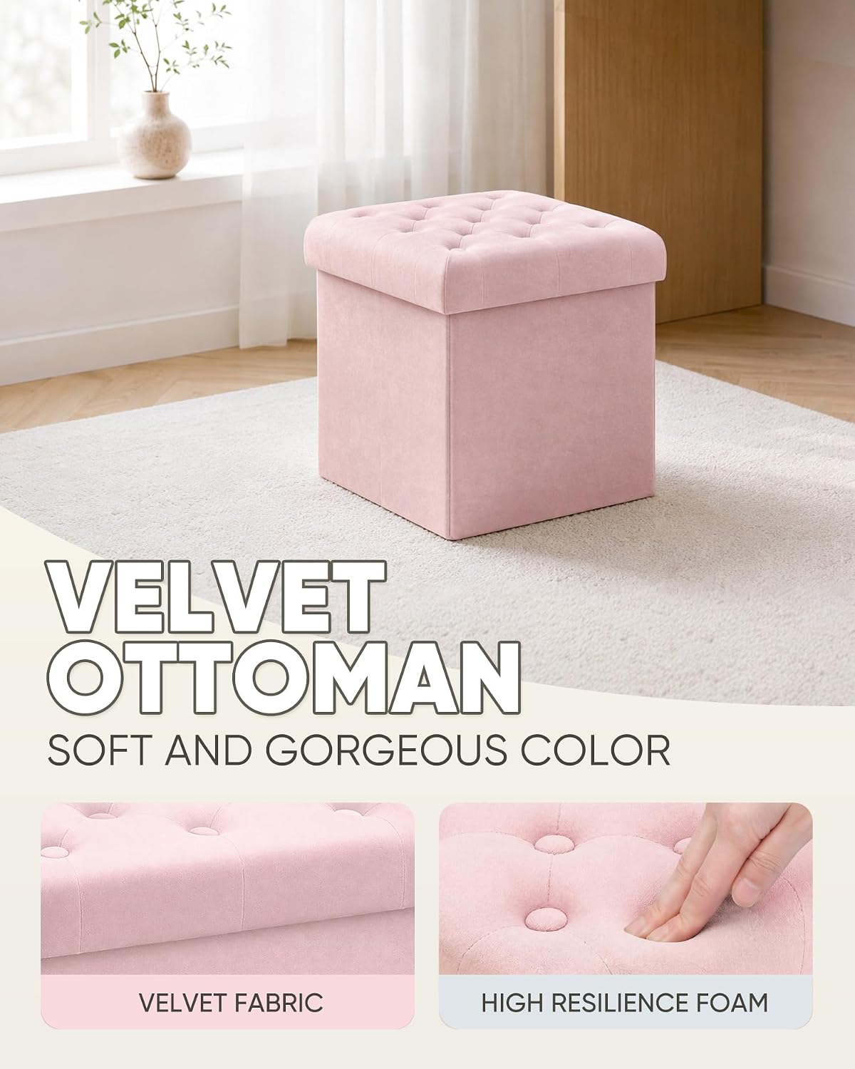 Pink Velvet Tufted Folding Storage Ottoman