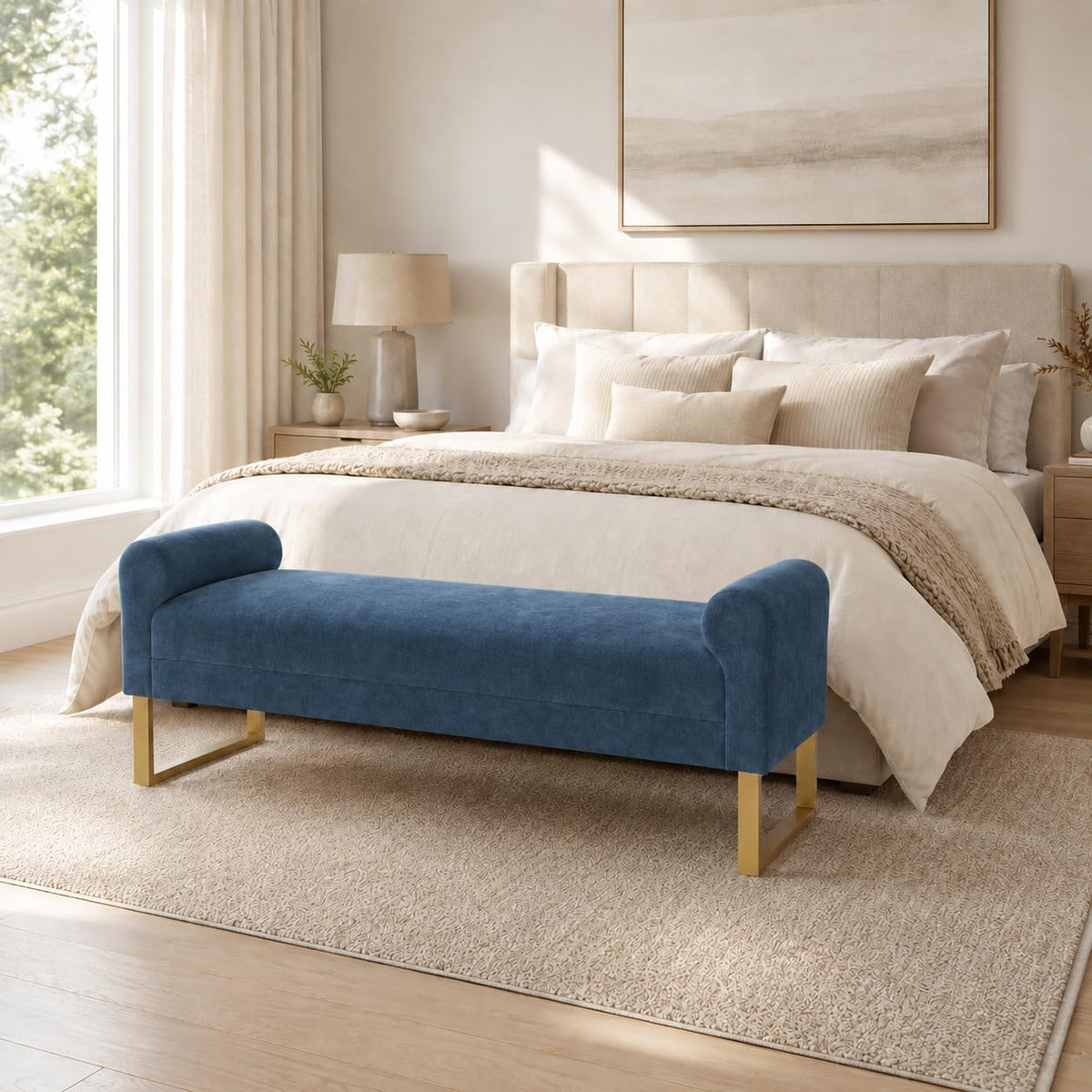 Blue Chenille Armrest Upholstered Entry Bench