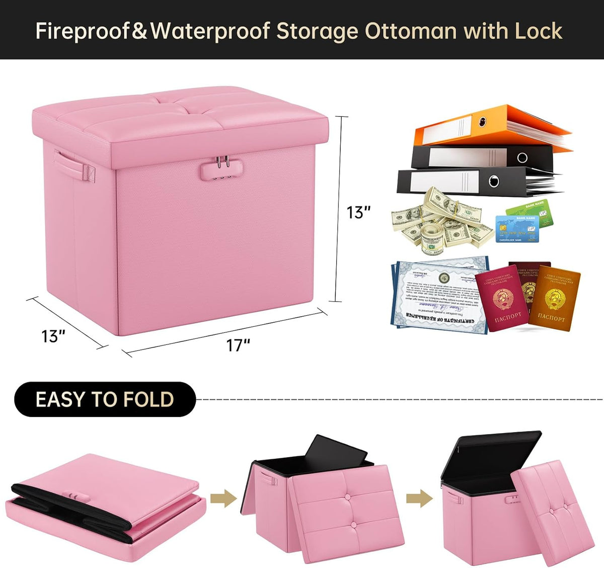 Pink Fireproof Leather Locked Storage Ottoman