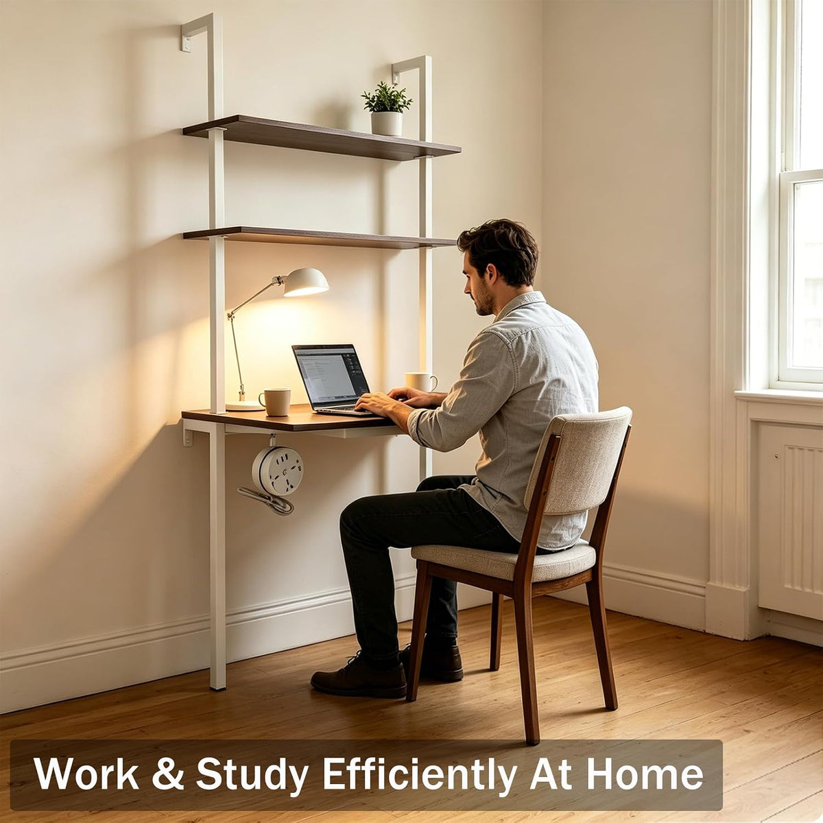 Brown Wall‑Mount Ladder Desk Storage Shelf