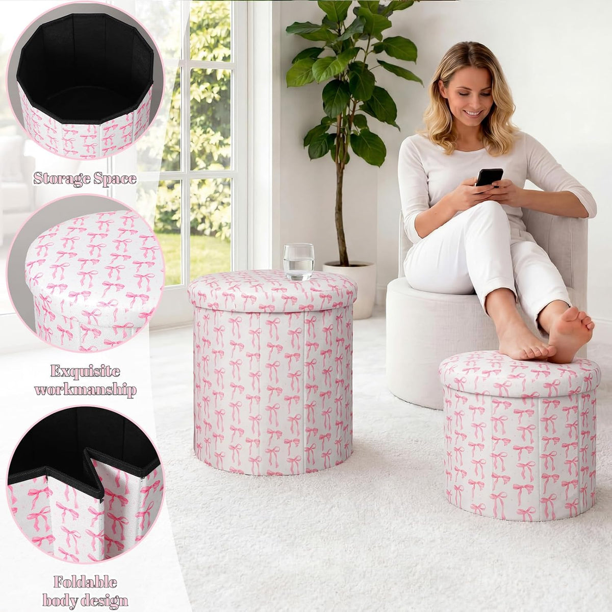Pink Bow Dorm Storage Ottoman Set