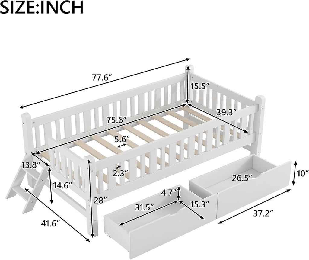 White Kids Platform Bed Drawer Stairs