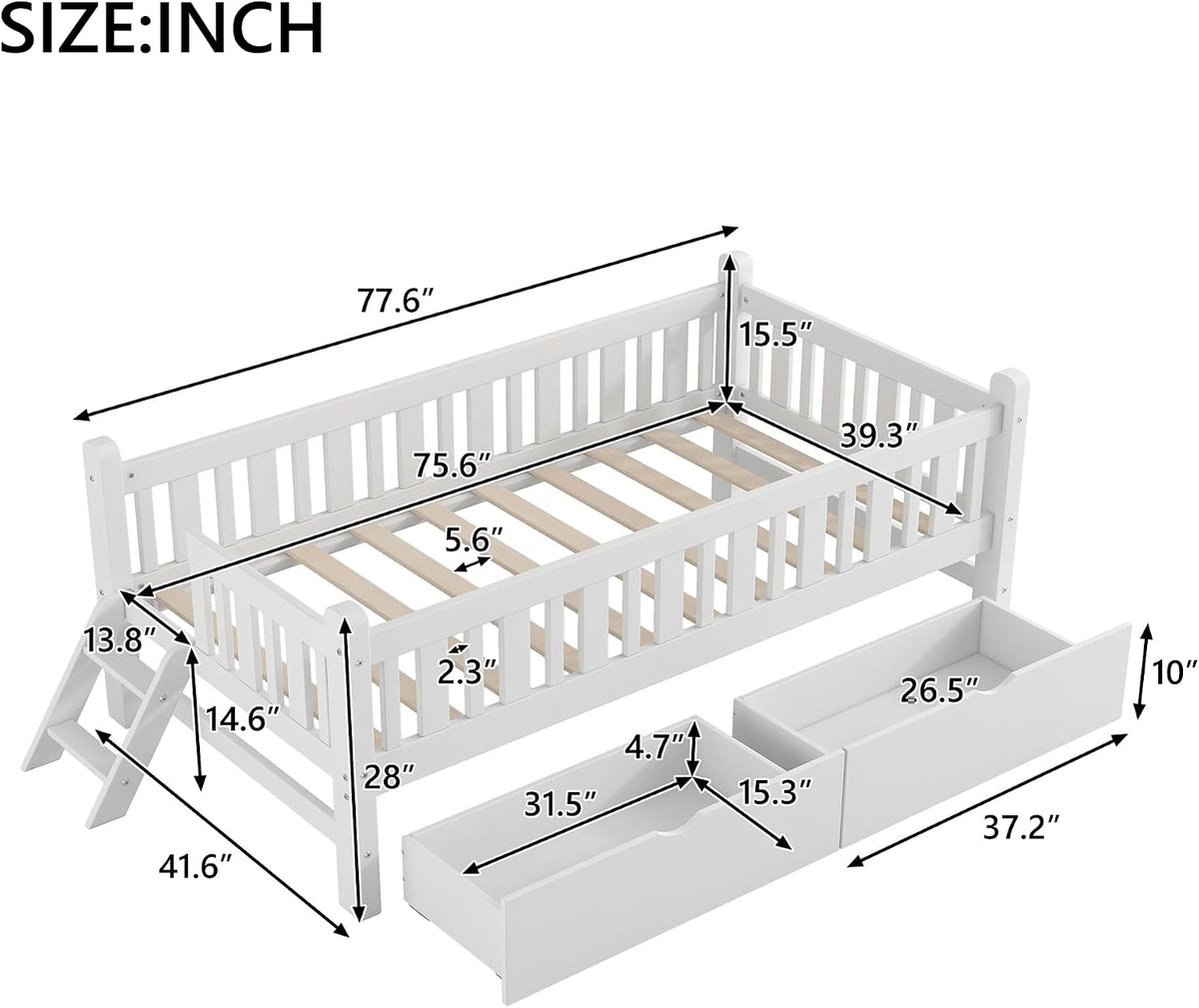 White Kids Platform Bed Drawer Stairs