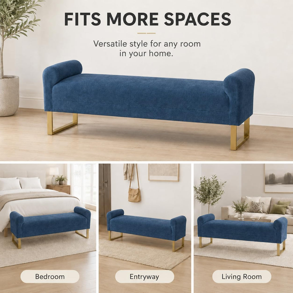 Blue Chenille Armrest Upholstered Entry Bench