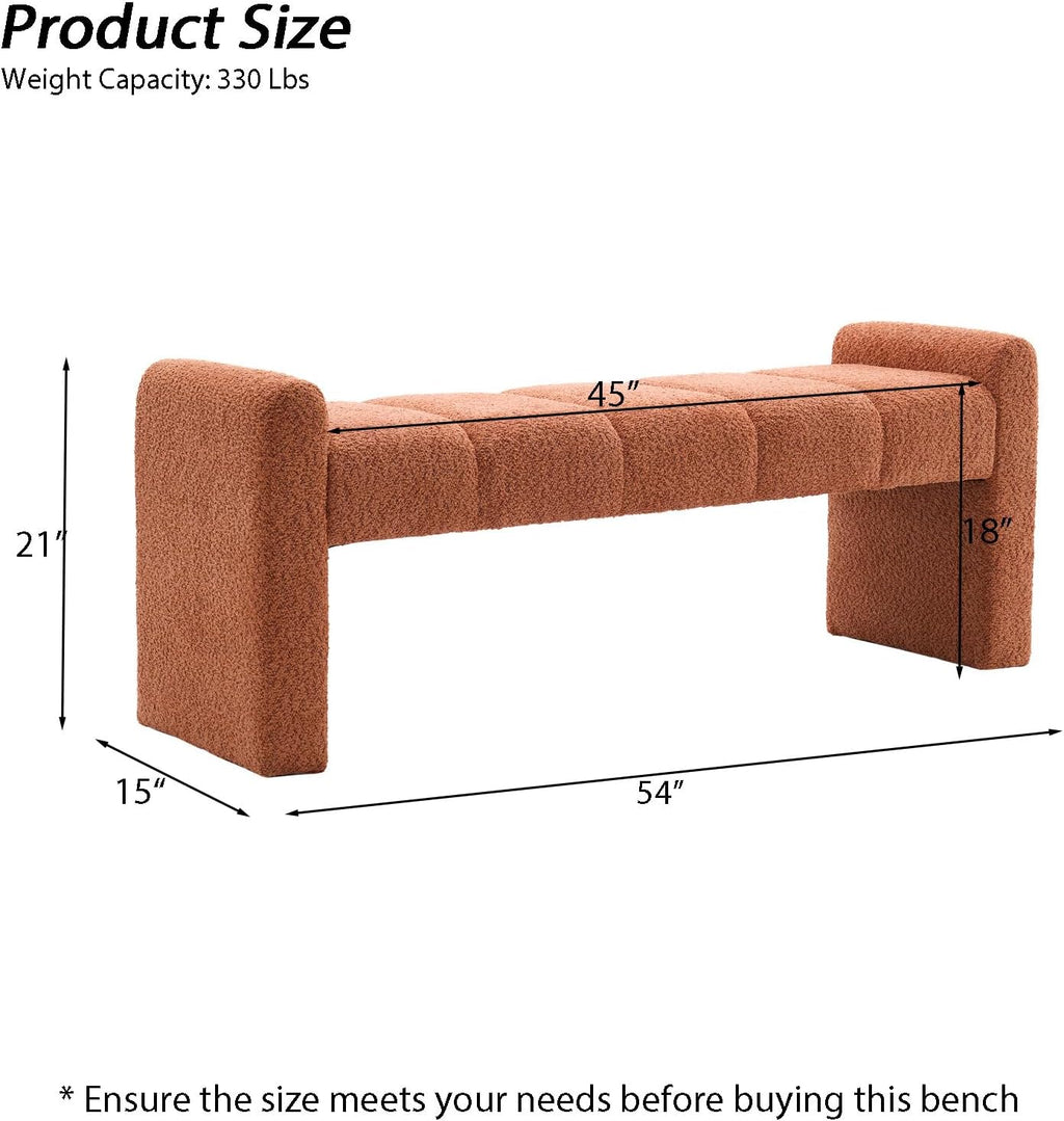Orange Boucle Tufted Padded Upholstered Bench