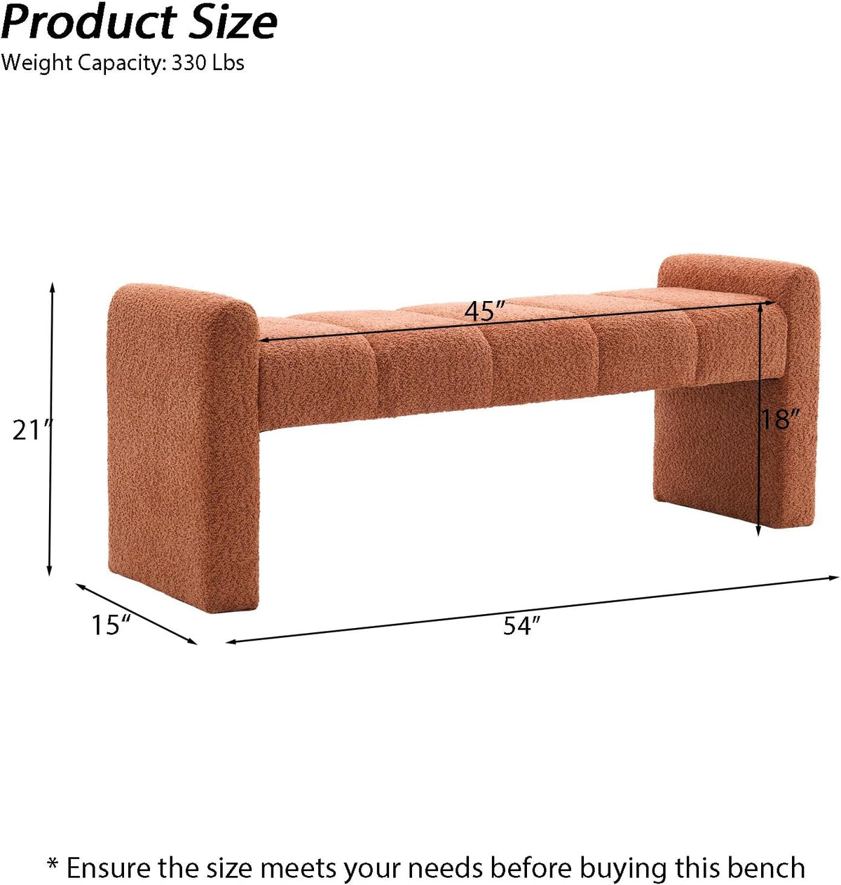 Orange Boucle Tufted Padded Upholstered Bench