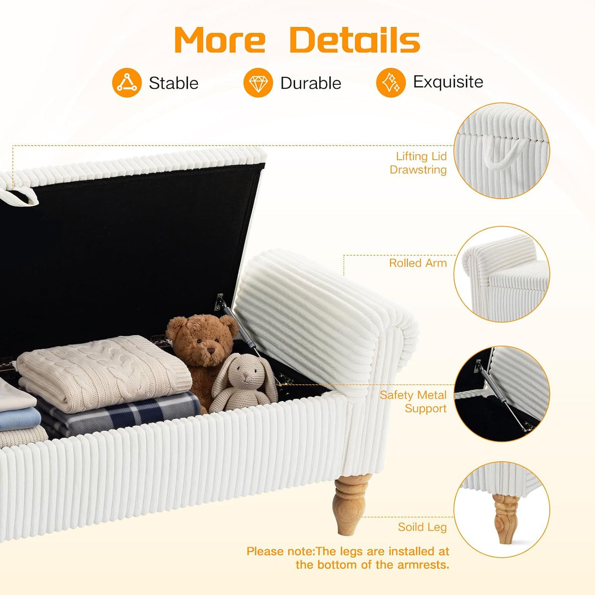 White Corduroy Rolled‑Arm Storage Ottoman Bench
