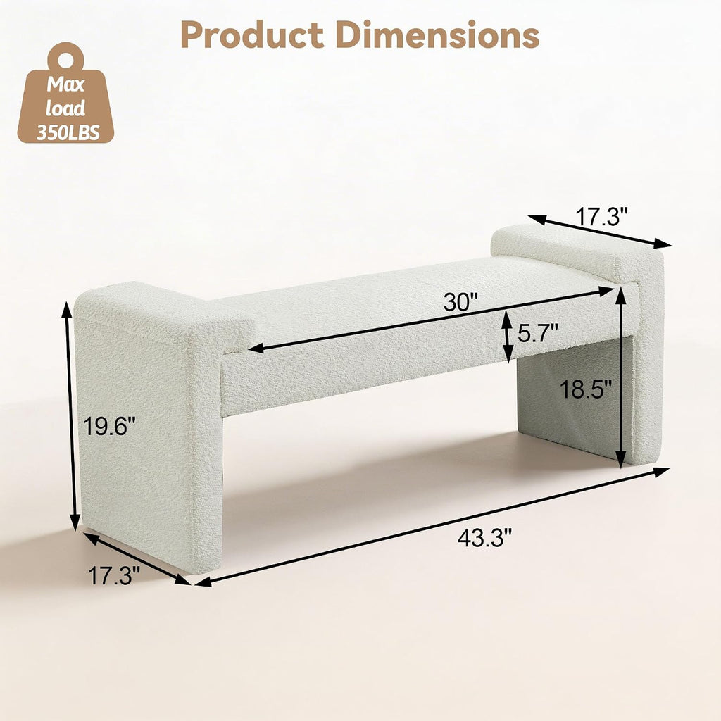 White Sherpa Curved‑Arm Upholstered Bench