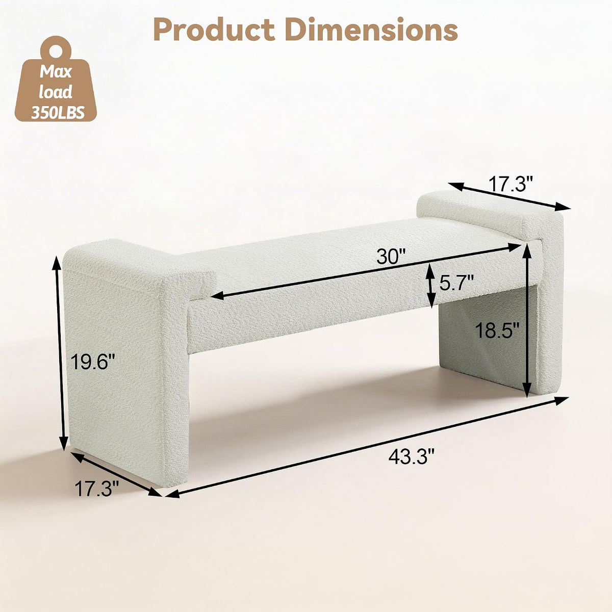 White Sherpa Curved‑Arm Upholstered Bench