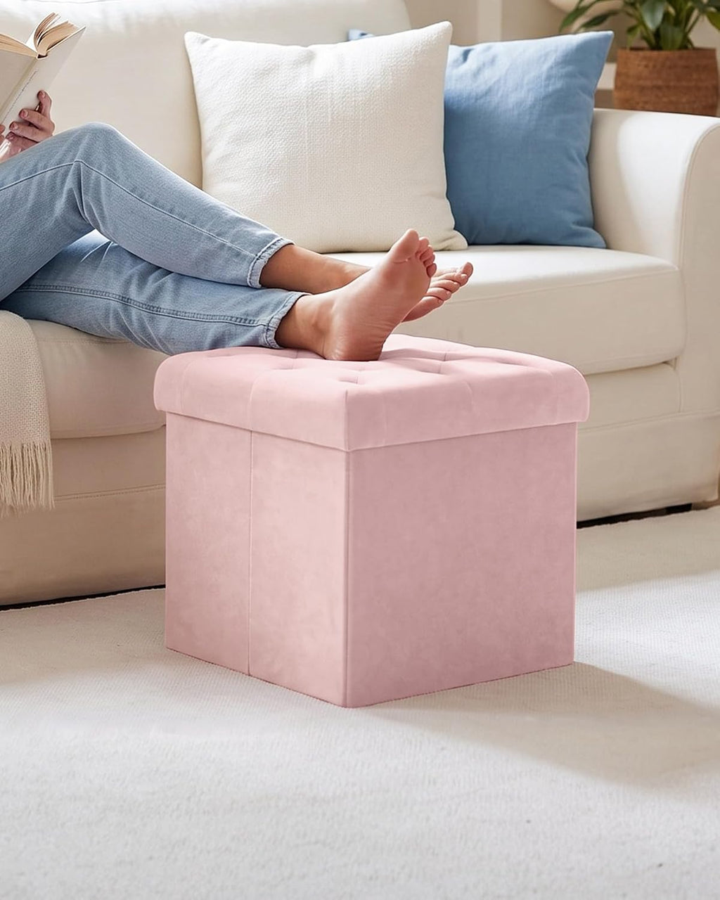 Pink Velvet Tufted Folding Storage Ottoman