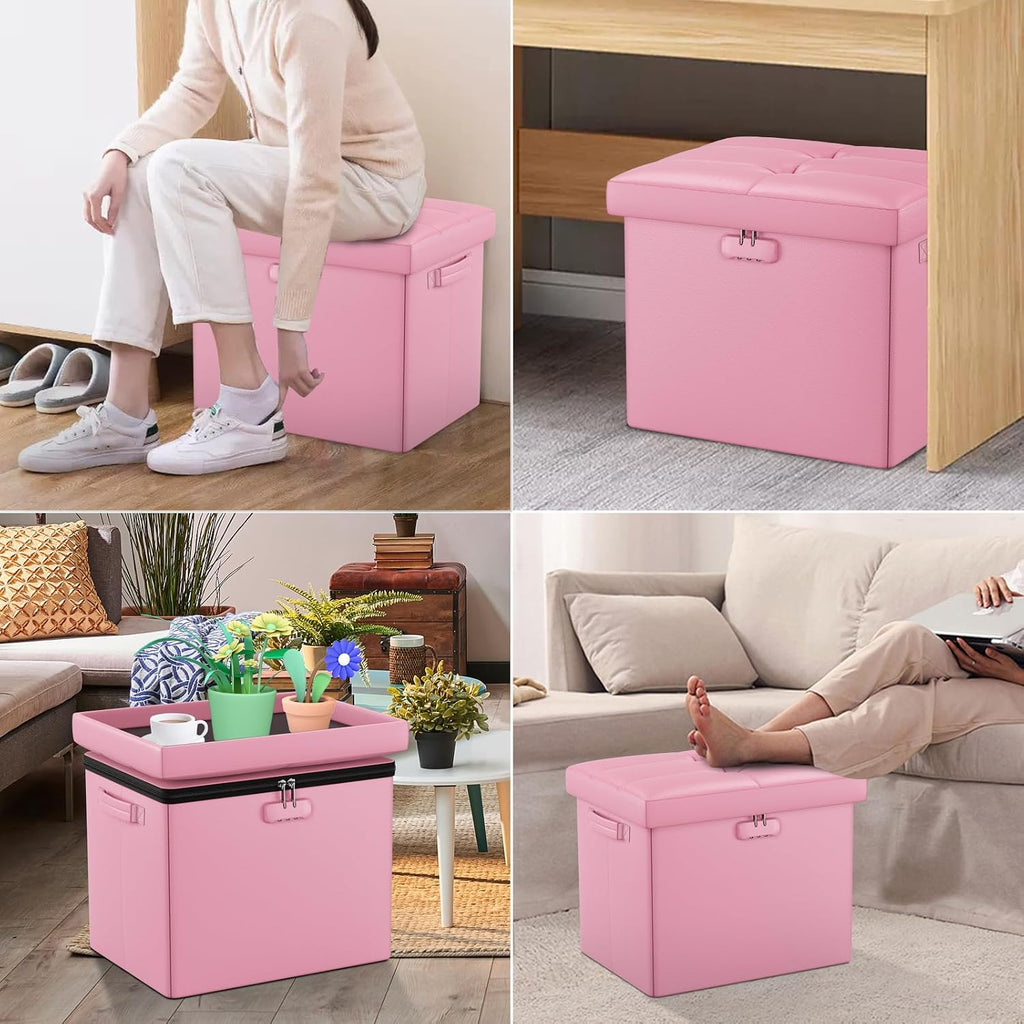 Pink Fireproof Leather Locked Storage Ottoman