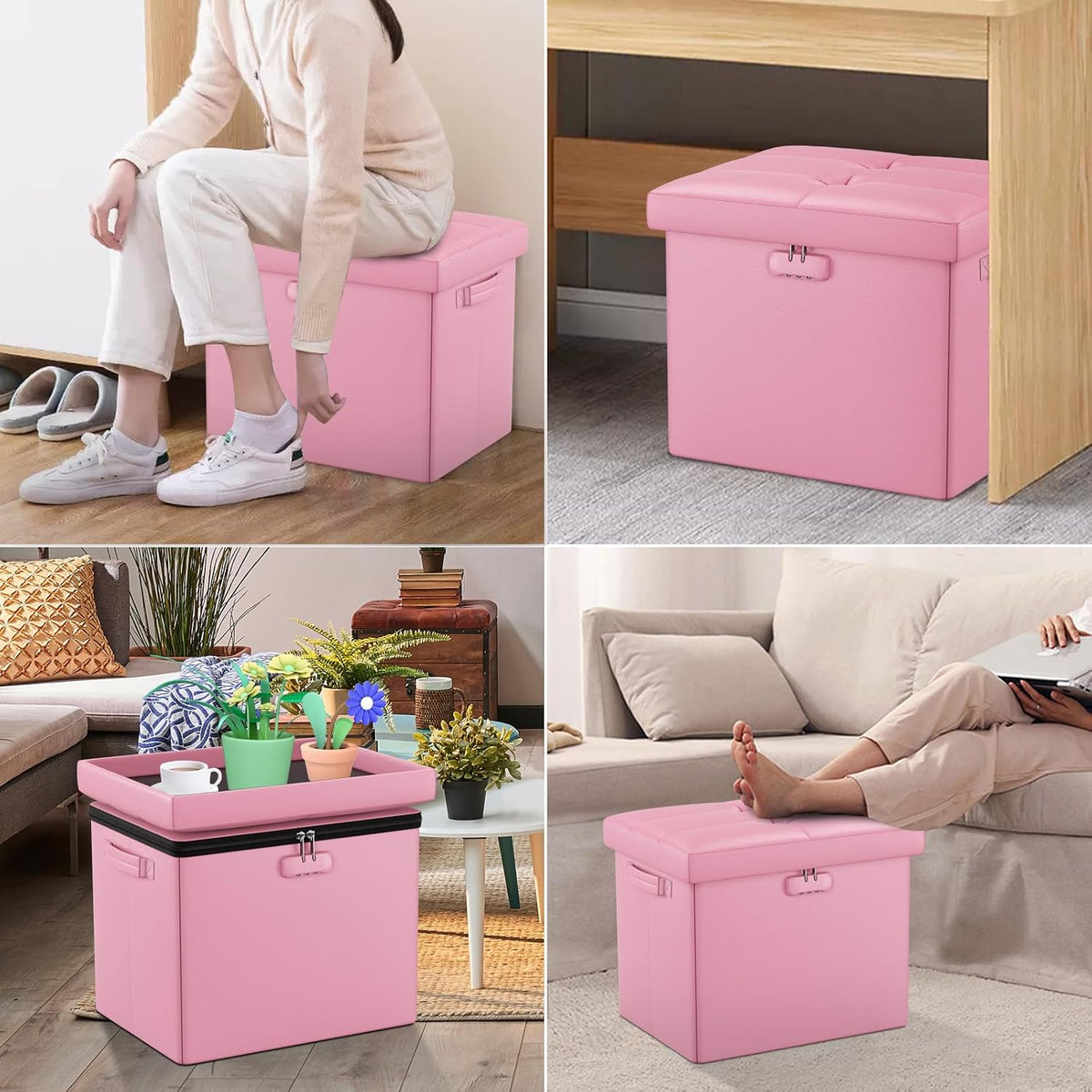 Pink Fireproof Leather Locked Storage Ottoman