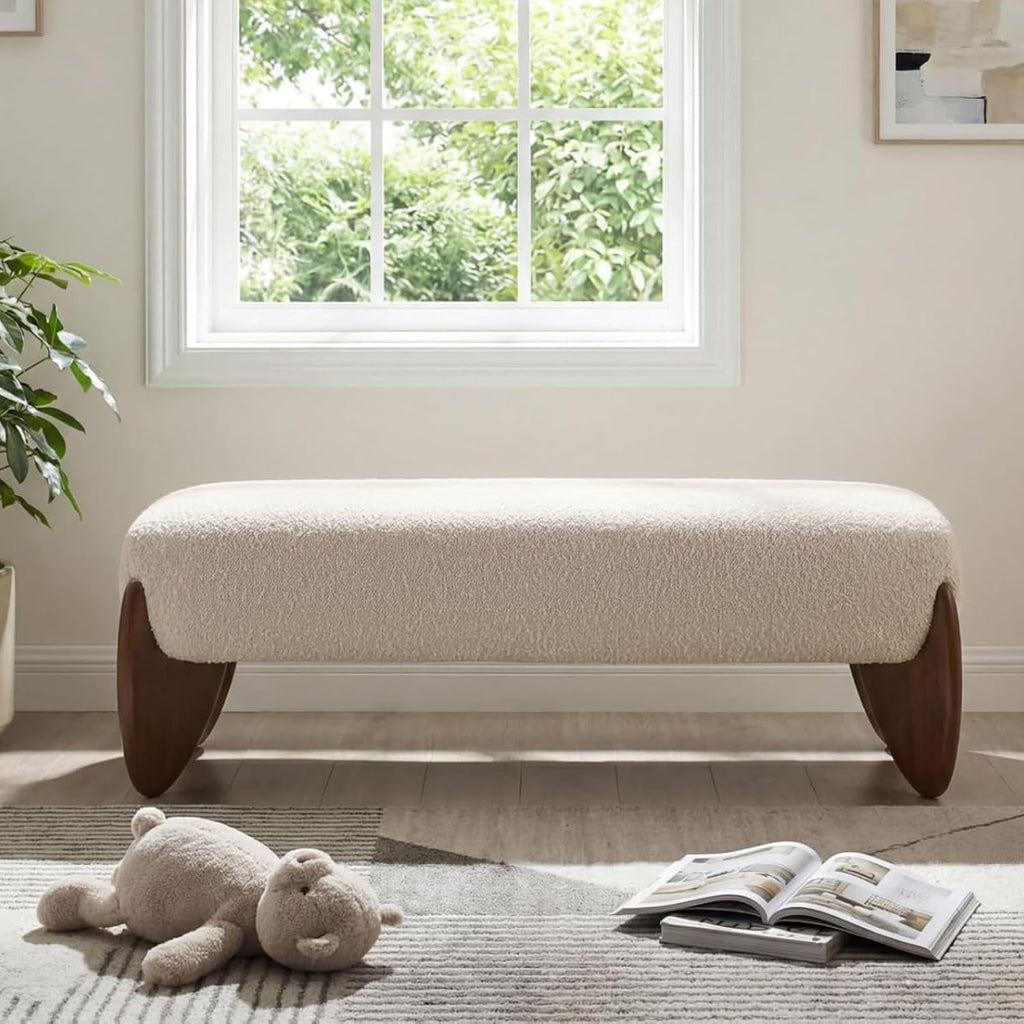 Beige Boucle Padded Entryway Bench