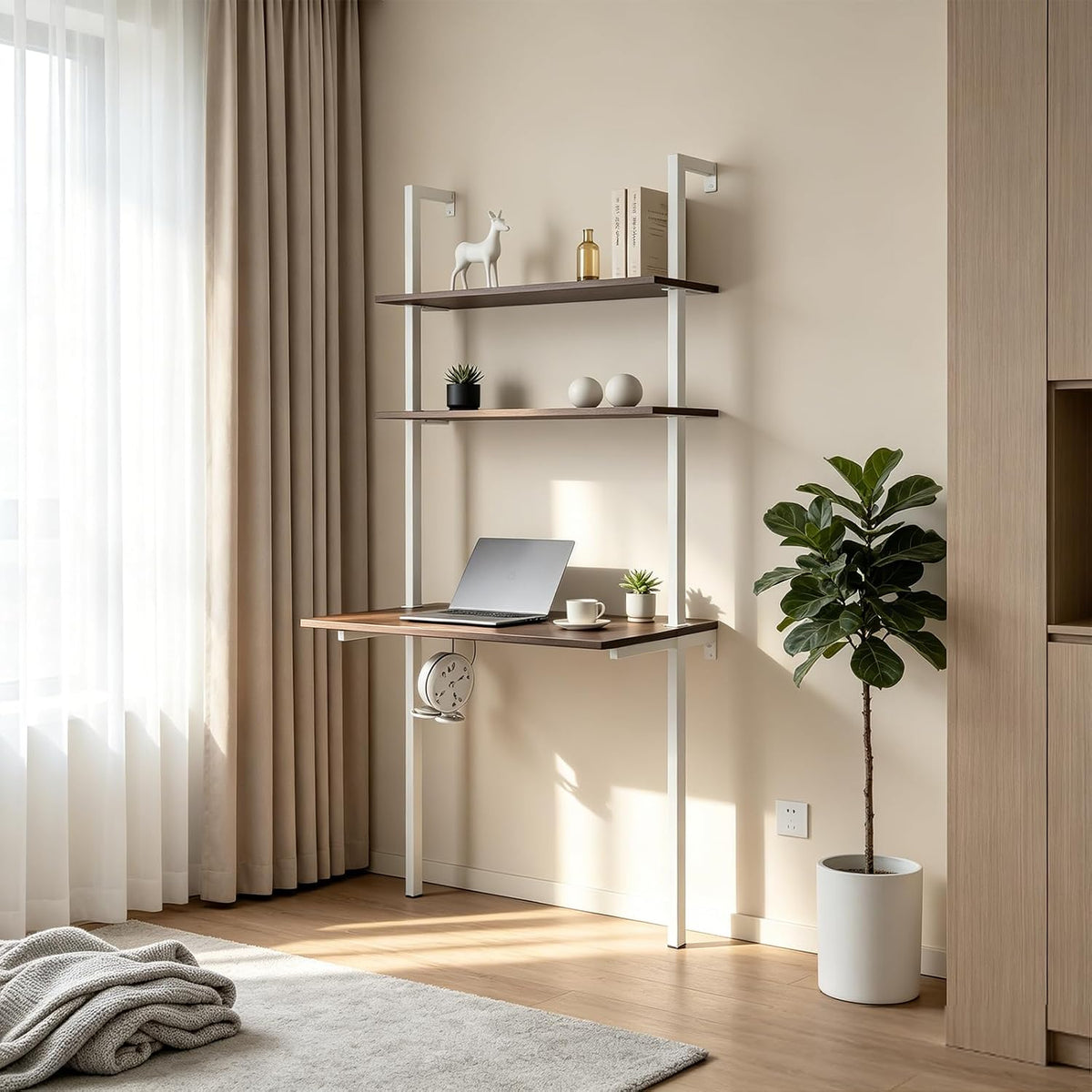 Brown Wall‑Mount Ladder Desk Storage Shelf