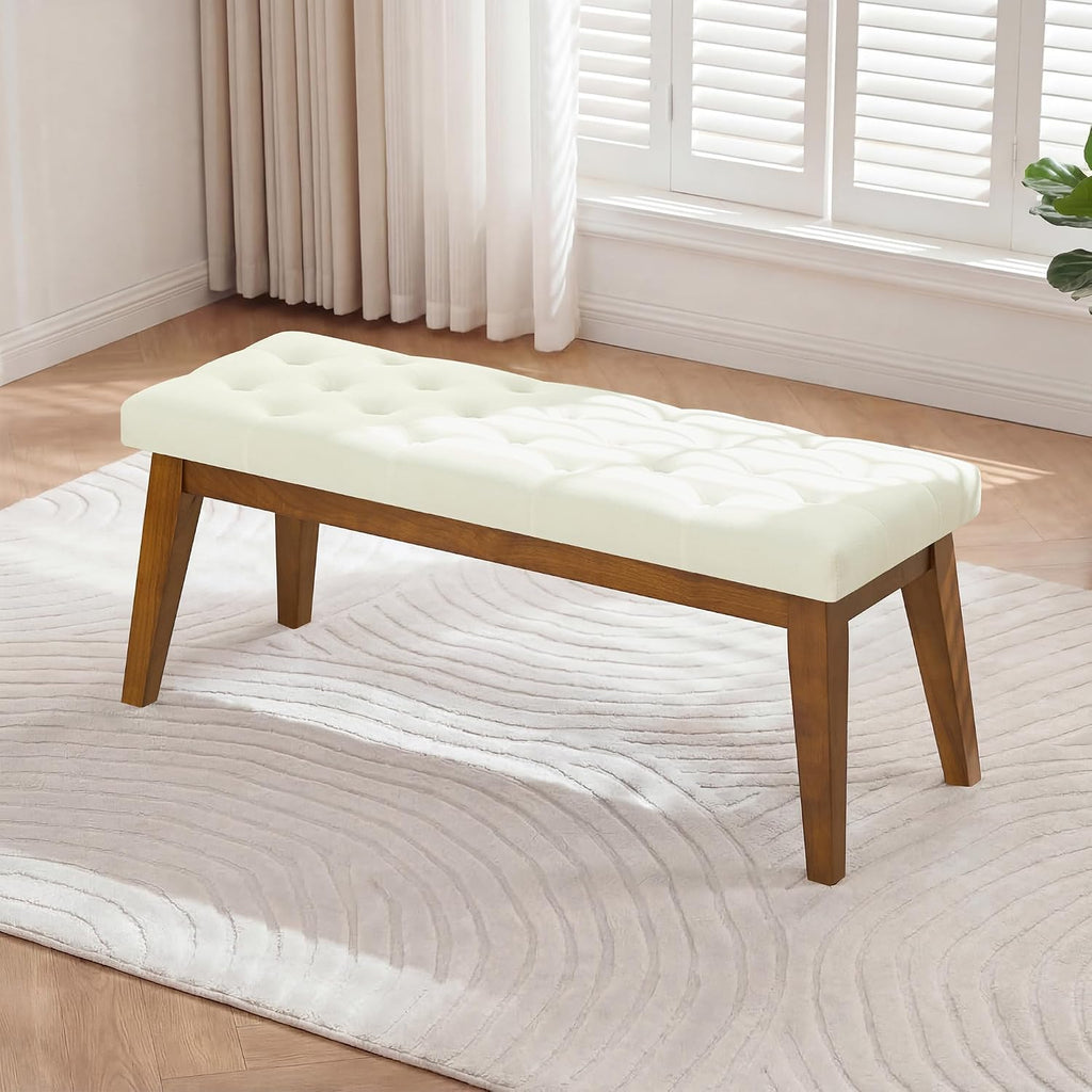 Beige Tufted Linen Upholstered Bench