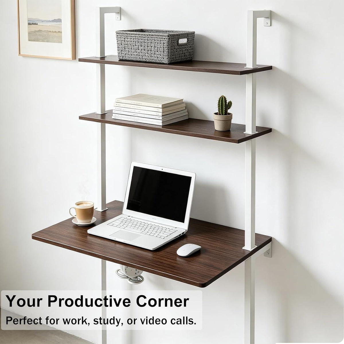 Brown Wall‑Mount Ladder Desk Storage Shelf