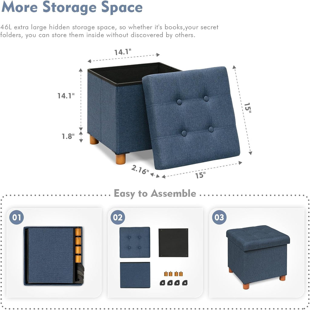 Blue Linen Storage Ottoman with Legs