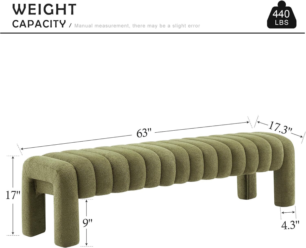 Green Boucle Tufted Wood‑Leg Upholstered Bench