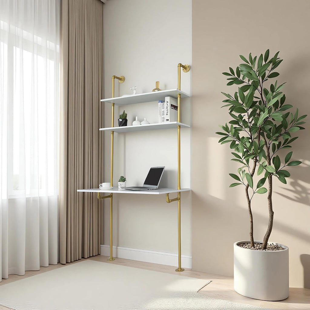 White‑Gold Wall‑Mount Ladder Pipe Desk