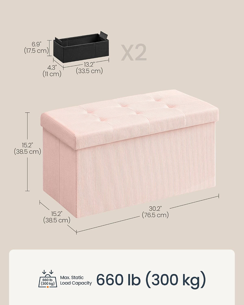 Light‑Pink Corduroy Storage Ottoman Bench