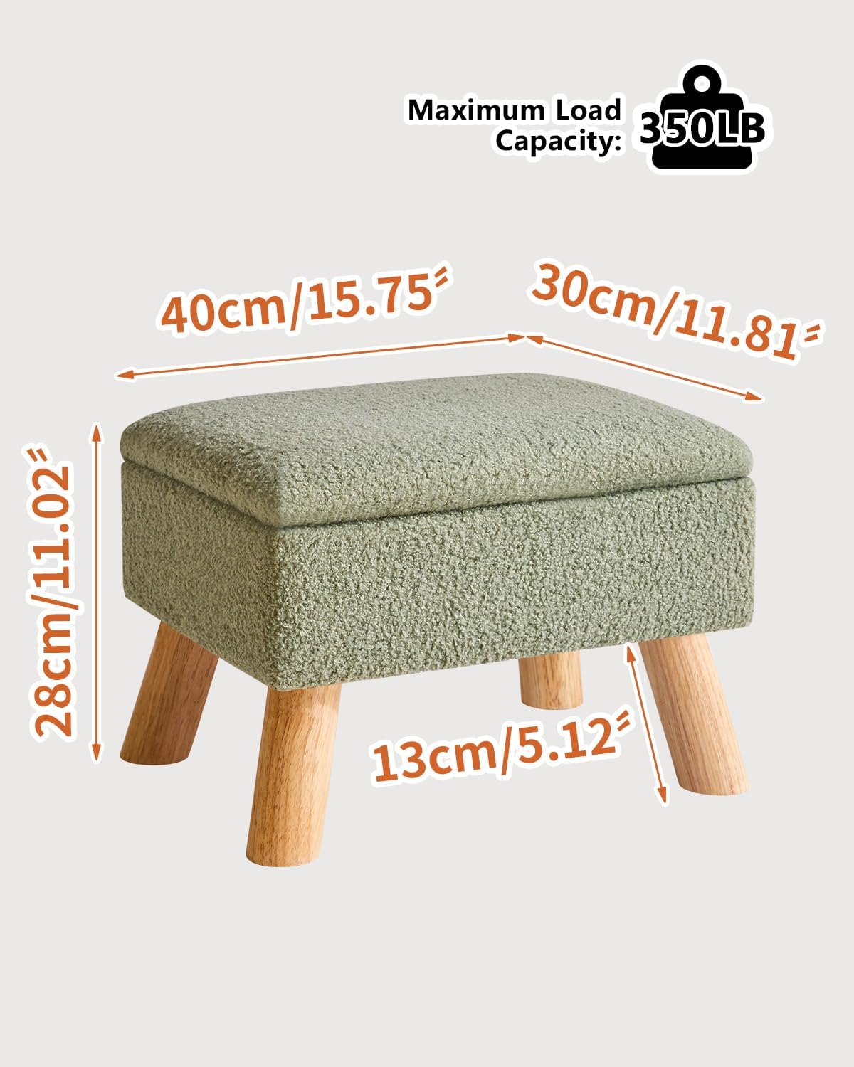 Green Teddy Velvet Wood‑Leg Storage Ottoman