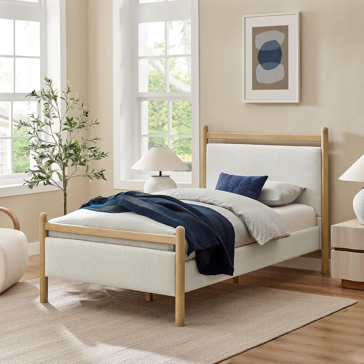 Light‑Oak Twin Padded Wood Bed Frame