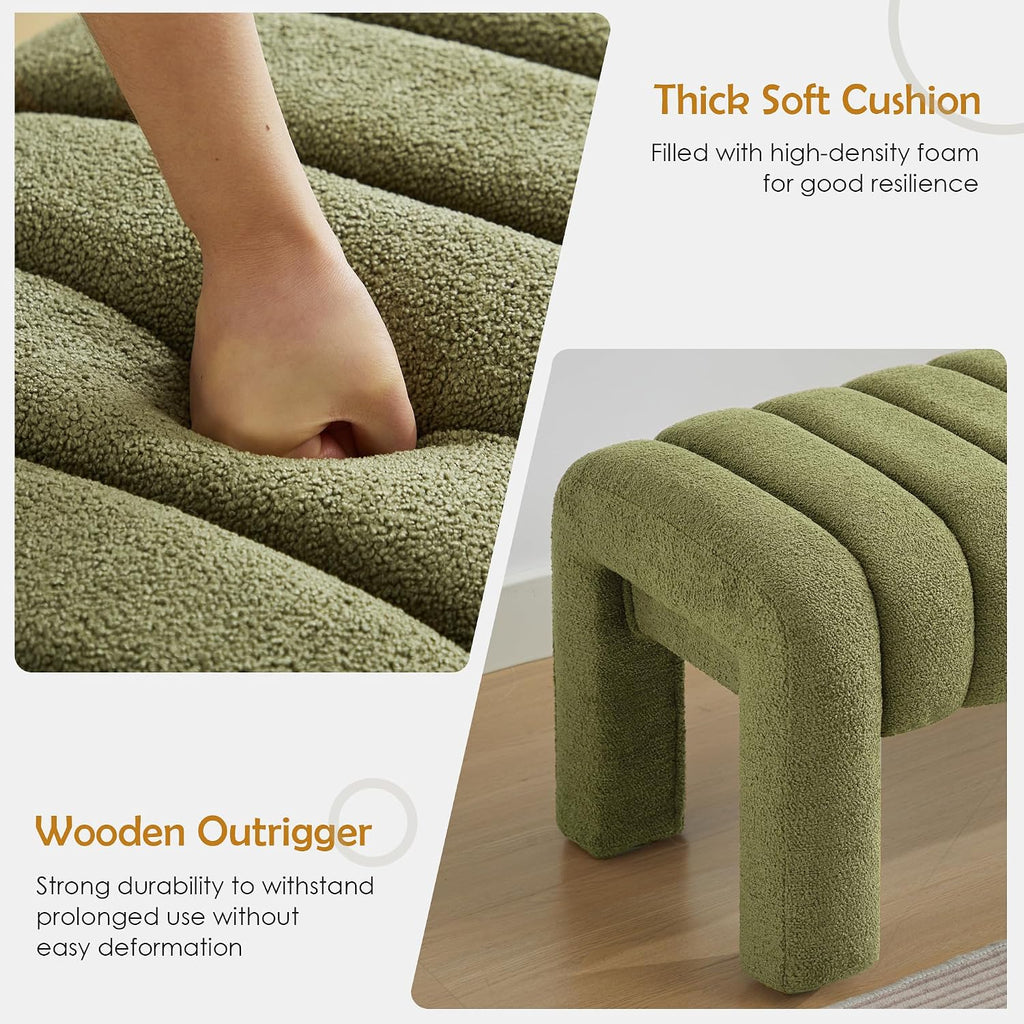Green Boucle Tufted Wood‑Leg Upholstered Bench