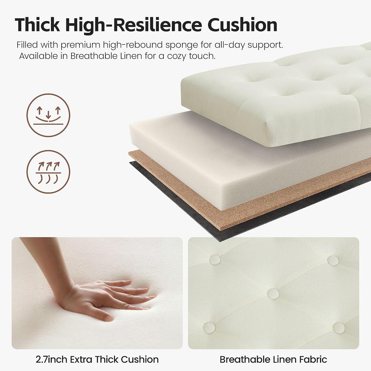 Beige Tufted Linen Upholstered Bench