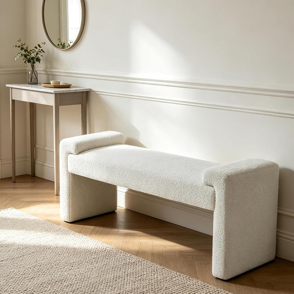 White Sherpa Curved‑Arm Upholstered Bench