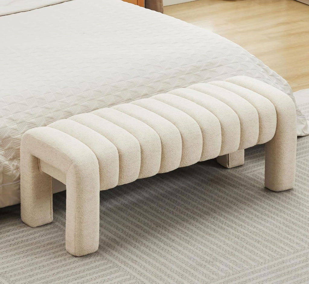 Beige Linen Channel Tufted Upholstered Bench