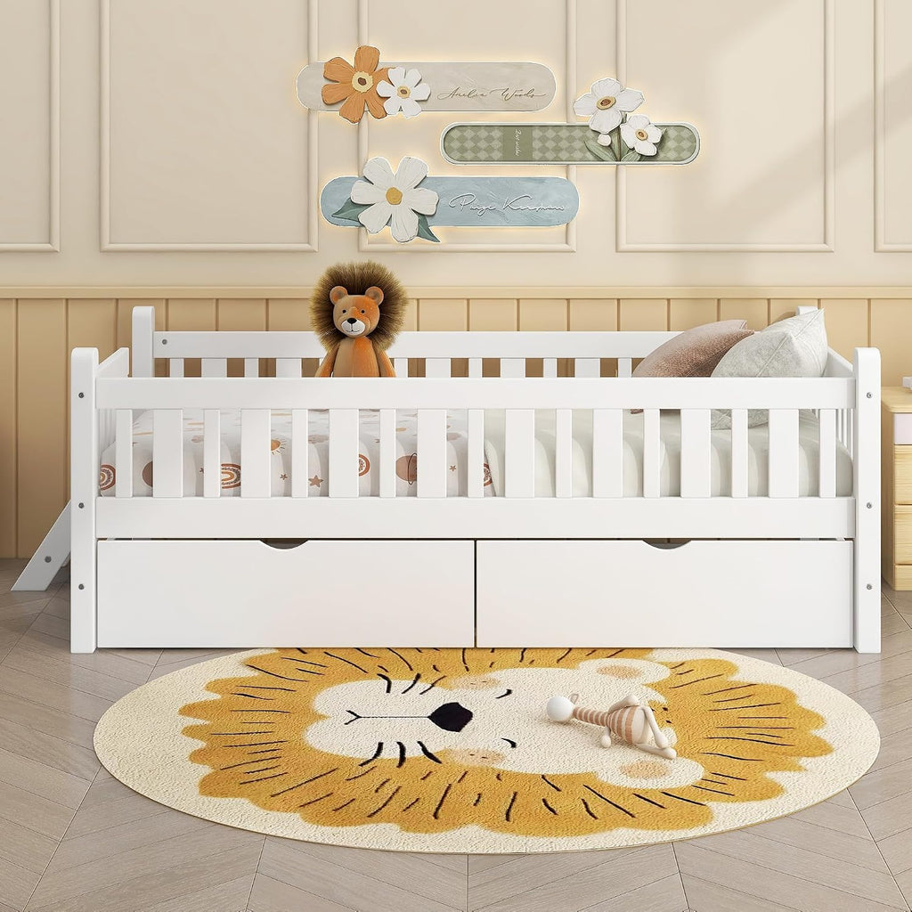 White Kids Platform Bed Drawer Stairs